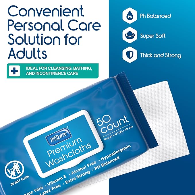 Inspire Adult Wet Wipes, Wash Cloths | Adult Wipes for Incontinence & Cleansing for Elderly, 8"x12" (50 Count (Pack of 1))