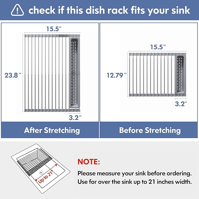 JASIWAY Over The Sink Dish Drying Rack for Kitchen, Expandable (12.8"-23.8" D x 15.5" W) Roll Up Dish Drainer with The Function of Fordable, Rust Proof, Large Sink Cover with Removable Utensil Holder