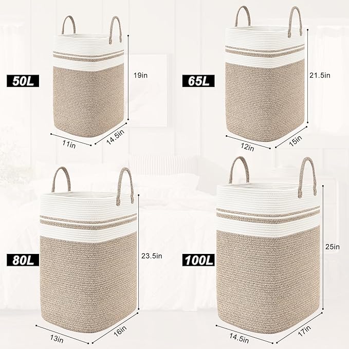 Woven Laundry Basket for Clothes, 65L Large Rectangle Laundry Hampers, Nursery Storage Basket for Toys, Tall Dirty Clothes Hamper for Bedroom Aesthetic, Bathroom, Laundry Room