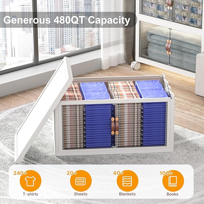 Extra Large Stackable Storage Bins with Lids & Wheels & Door, 960QT-160QT/40GAL*6Pack Foldable Collapsible Closet Organizers, Plastic containers drawers for bedroom Dorm