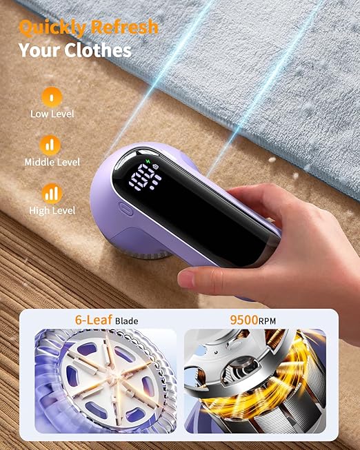 Fabric Shaver, Rechargeable Lint Shaver with Digital Display, Electric Portable Sweater Shaver with 6-Leaf Blades and Safety Lock, 3-Speeds Lint Remover to Remove Pilling for Clothes, Couch （Purple）