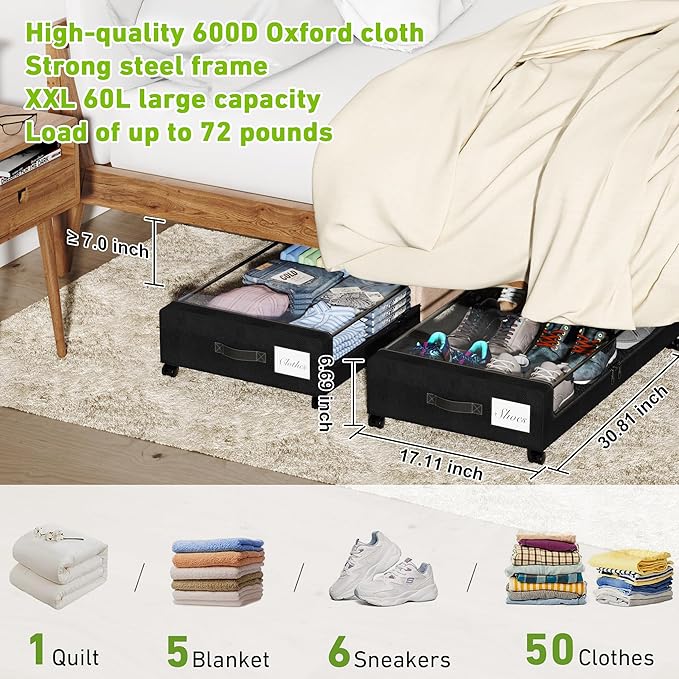 Under Bed Storage with Wheels, 2-Pack Under the Bed Storage Containers with Clear Lids & Label, Underbed Storage Bins, XXL 60L Rolling Metal Drawer for Clothes, Shoes, Toys, Books - Black