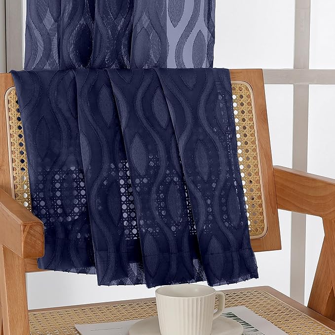 Aiyufeng Extra Long Sheer Curtains 96 Inches Long for Bedroom 2 Panels Set, Modern Light Filtering Wavy Line Clip Jacquard See Through Curtains for Bedroom Living Room, Navy Blue, 40" Wx96 L Inches