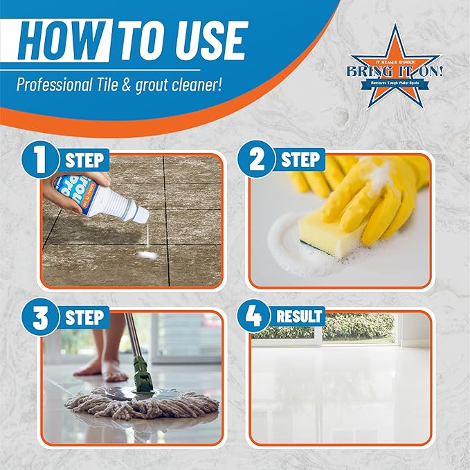 Bring It On Grout Cleaner Pro with Grout Cleaning Brush – 32Fl Oz Grout Cleaner for Shower Tile Includes 8-inch Heavy-Duty Grout and Tile Cleaner Brush – Effectively Removes Mineral Deposits