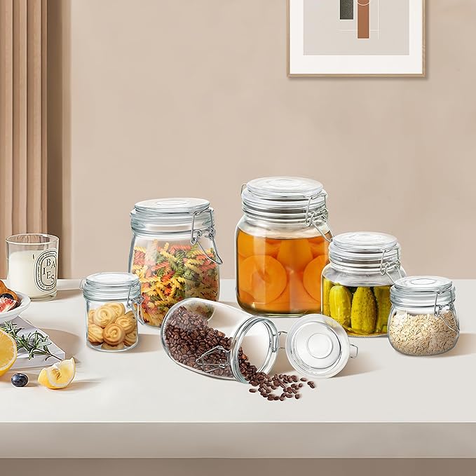 Glass Food Storage Jars with Airtight Lids 17 oz Round 4 Pack Kitchen Storage Containers Cabinet Canisters Sealed Pot Canning for Pasta, Cereal, Coffee, Beans, Spice