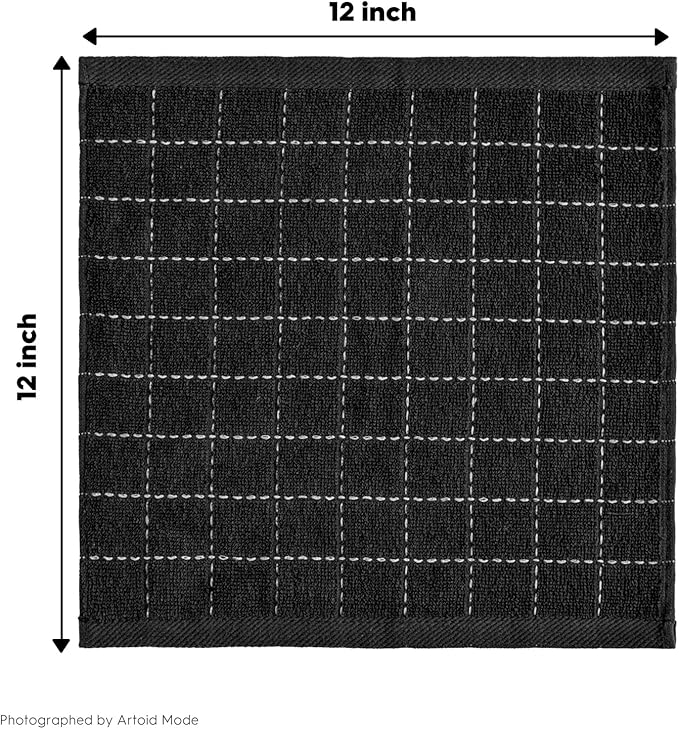 Artoid Mode Checkered Designed Cotton Black Terry Kitchen Dish Cloths, 12x12 Inch Soft Absorbent Quick Drying Cleaning Kitchen Rags Set of 6