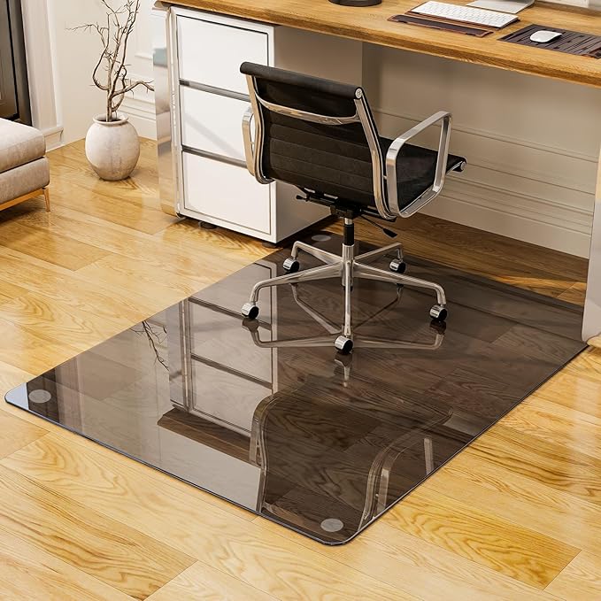 GLSLAND 46" × 55" [Tempered Glass] Chair Mat – Durable Office Chair Mat on Carpet with 0.2" Thickness, 4 Non‑Slip Pads, Sleek & Sturdy Matte Gray Finish, Smooth Glide & Easy Clean, Blue & Grey