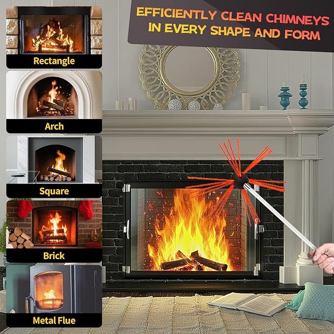 46 Feet Chimney Sweep Kit, Chimney Cleaning Kit with 14 Flexible White Chimney Rods, Chimney Brush for Sweeping Fireplace, Rotary Chimney Cleaning System Driven by Drill