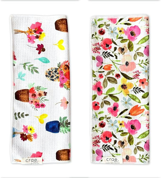 2 Double Sided Microfiber Hand Towels, 17x27 Inches Waffle Design Kitchen Towels Set, Durable & Soft Fast Drying Hand Wash Cloth, Everyday Use Dishcloth at Home (Petal Lane/Posey)