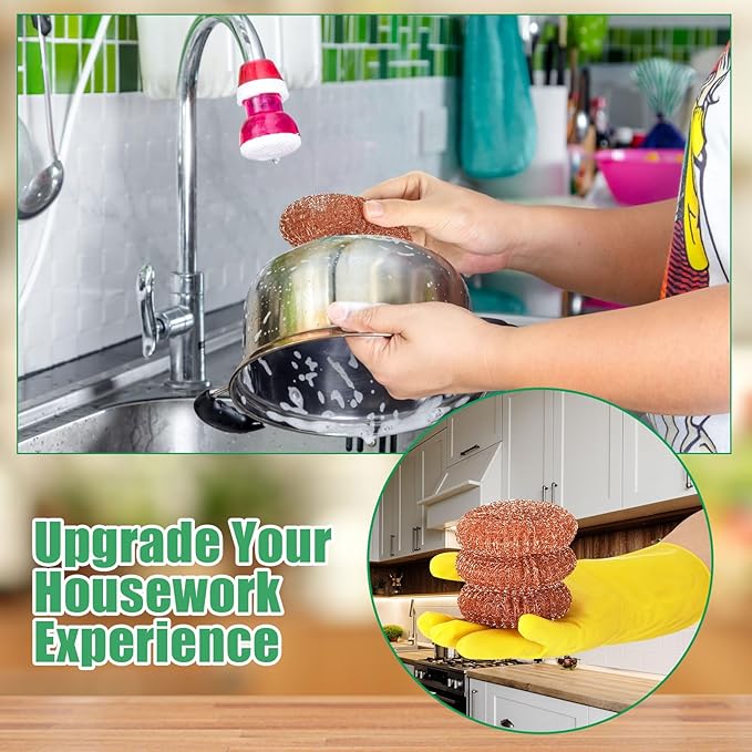 Hushee 50 Pack Copper Coated Scourers Rust Resistant Scrubbing Scouring Pad with 1 Pair of Rubber Household Cleaning Gloves Heavy Duty Copper Mesh Scourer for Dishes, Pots, Pans, and Ovens