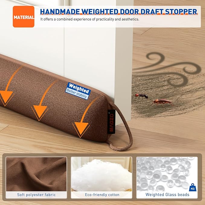 MAGZO Door Draft Stopper, 32 Inch Under Door Draft Blocker Noise Stopper, Weighted Wind Blocker Draft Guard for Bottom of Door, Brown