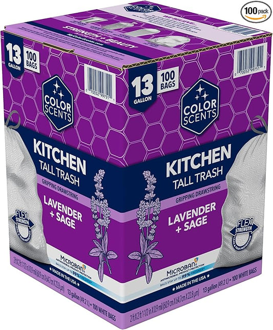Color Scents Tall Kitchen Trash Bags - 13 Gallon, 100 Bags (1 Pack of 100 Count), Drawstring - White bag in Lavender + Sage Scent with Microban