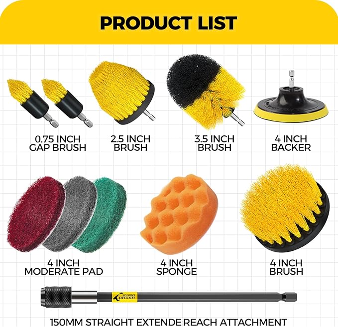 Holikme 11 Piece Drill Brush Attachment Set Scouring Pads Power Scrubber Brush Scrub Pads for Bathroom Surfaces, Floor, Tub, Shower, Grout, Tile, Corners,Cleaning Brush