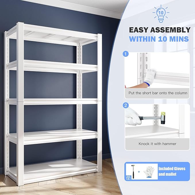 Raybee Garage Shelving Heavy Duty 2000LBS Storage Shelves 5 Tier Metal Shelving Unit White Metal Shelves Pantry Shelf for Kitchen Closet Basement Warehouse 4 Pack