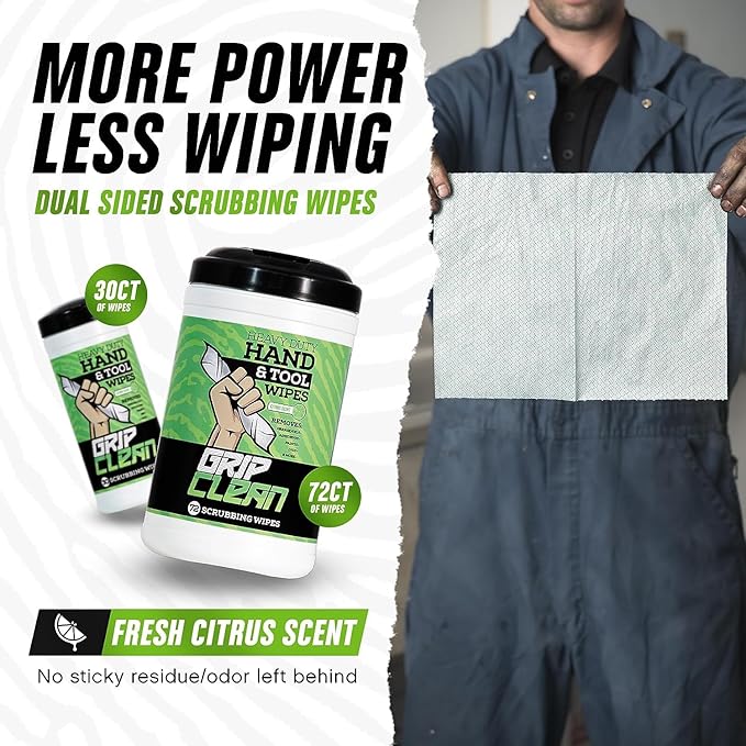 Grip Clean Heavy Duty Hand & Tool Cleaning Wipes – Waterless Hand Cleaner for Mechanics, Garage & Shop Use – Dual-Sided Grease, Oil & Paint Remover Wipes with Citrus Scent - 30ct