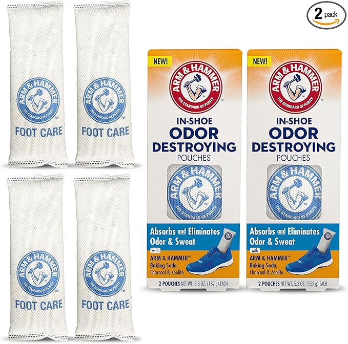 Arm & Hammer In-Shoe Odor Destroying Pouches, Shoe Deodorizer Insert for Reducing Odor and Absorbing Moisture, Smell Eliminator for All Footwear, Gym Bags and Work Boots (2 Pairs)