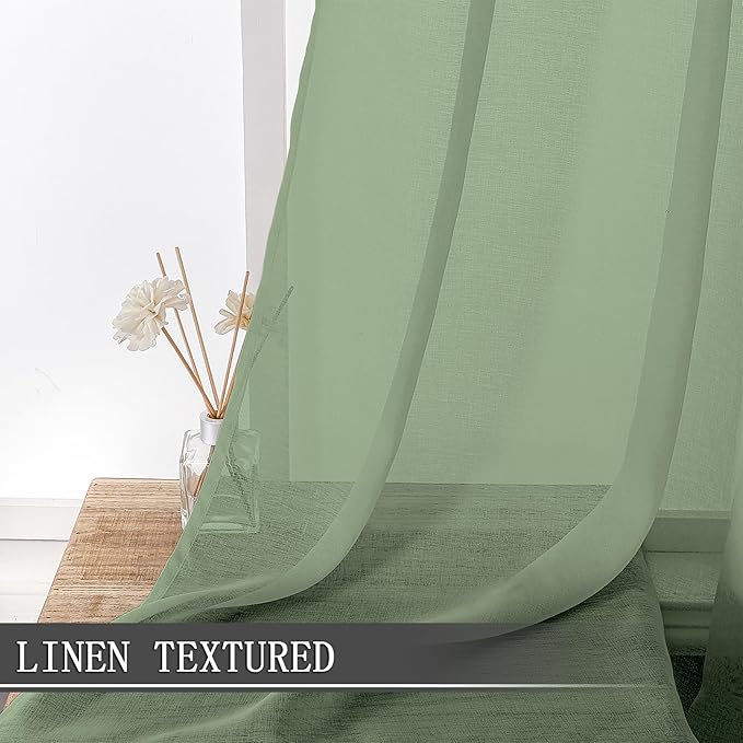 Tollpiz Sheer Curtain Linen Textured Living Room Curtains Sheer Light Filtering Rod Pocket Voile Curtain for Bedroom, 54 x 72 inches Long, Sage Green, Set of 2 Panels