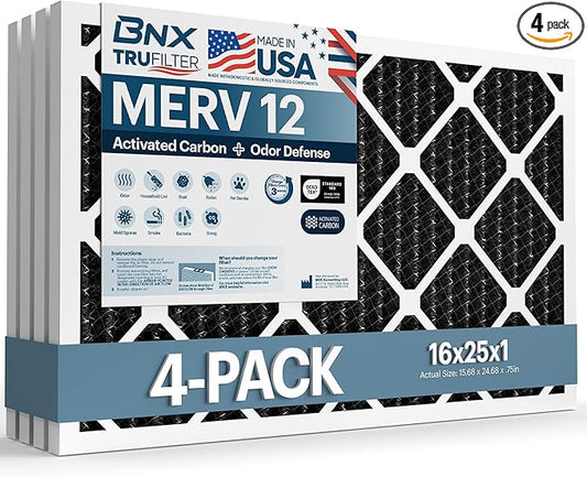 BNX TruFilter 16x25x1 MERV 12 Odor Defense (4-Pack) AC Furnace Air Filter with Activated Carbon - MADE IN USA - Pleated Air Conditioner HVAC AC Furnace Filters - Removes Odor, Mold, Bacteria, Smoke