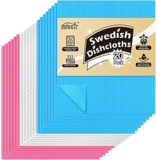 HOMEXCEL Swedish Dishcloths for Kitchen, 20 Pack Reusable Sponge Dish Cloth for Kitchen and Cleaning Counters, Super Absorbent Paper Towels (Blue/White/Pink)