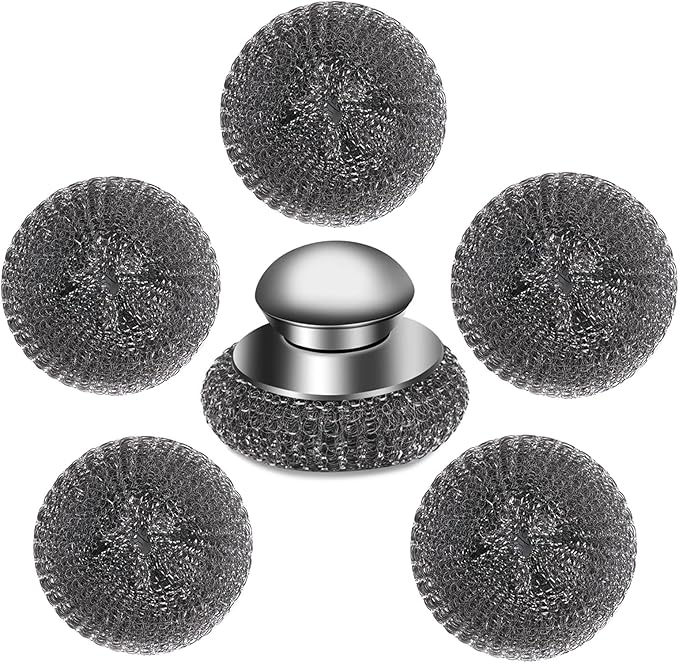 6Pcs Steel Wool Scrubber with Replacement Wire Pads Set, Stainless Steel Scrubber with Handle for Scouring Stubborn Messes from Cast Iron, Pots, Pans, Grill, Stoves, Sink(1 Scrubber+5 Pads)