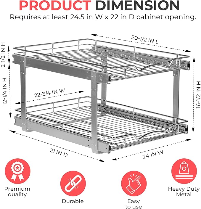 HOLDN’ STORAGE Two Tier Pull Out Cabinet Organizer, Individual Sliding Drawers - Heavy Duty Metal with Lifetime Limited Warranty - Anti Rust Chrome Finish - 24" W x 21”D x 16.5" H