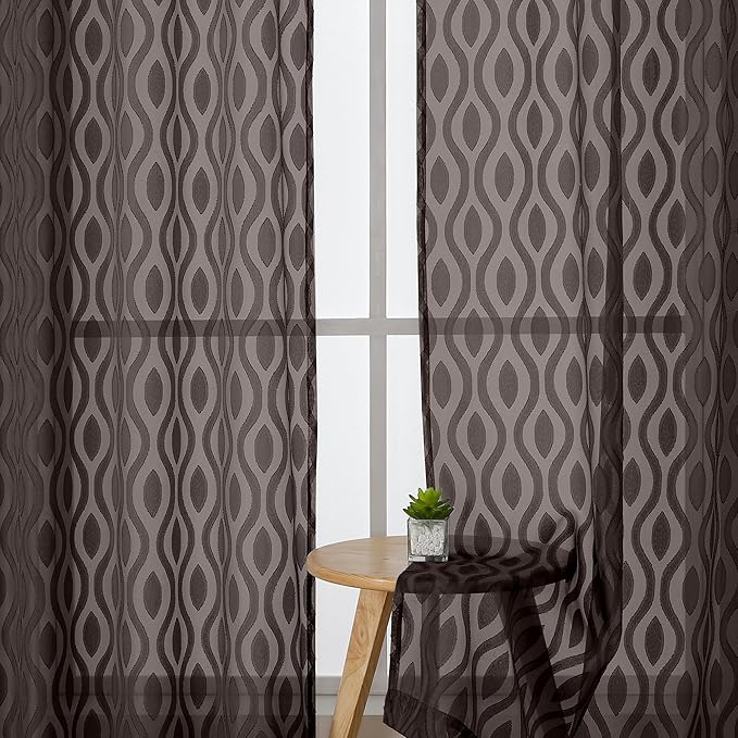 Aiyufeng Brown Sheer Curtains Tiers 36 Inch Length 2 Panels, Airy Lightweight Clip Jacquard Short Kitchen Window Curtains, Modern Wavy Line Textured Voile Sheer Curtain Panles, 40" Wx36 L Inches