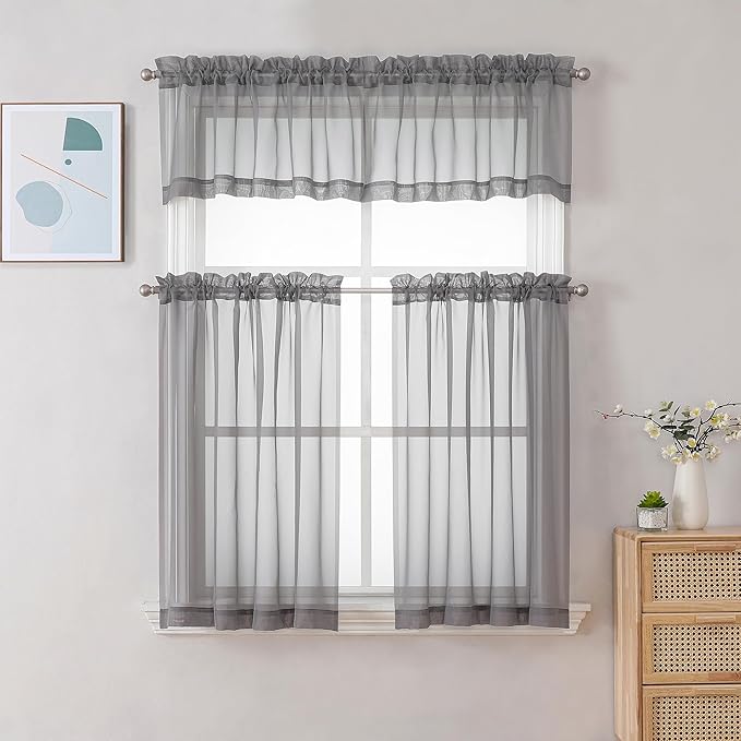 Chyhomenyc Sheer Charcoal Grey Valances for Windows 2 Pack, Small Window Curtains for Living Room Bathroom Cafe Laundry Basement, Modern Top Dual Rod Pocket Voile Curtain, 42W x 18L inches