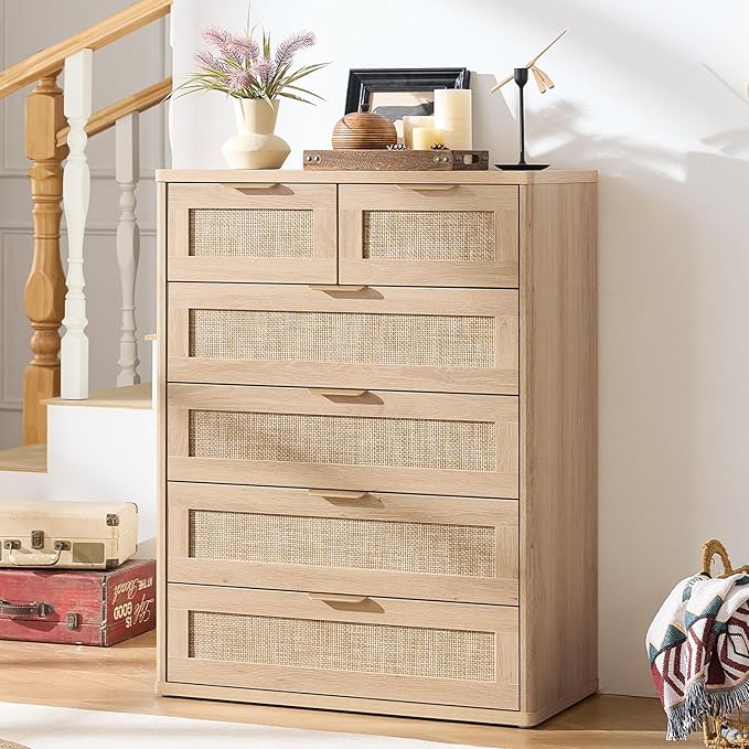 LEYAOYAO Rattan Dresser for Bedroom Set of 2, 42" Tall Chest of Drawers, Modern 6 Drawers Boho Dressers with Storage, Light Oak Dresser Wooden Closet Organizer for Living Room, Hallway, Natural Wood
