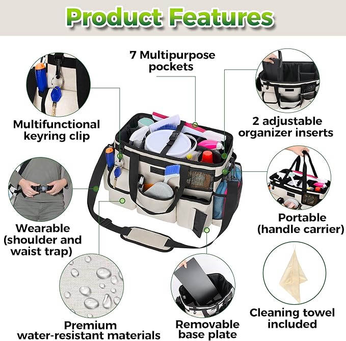 Cleaning Caddy Organizer with Handle - Large Caddy Bag for House & Bathroom Cleaning Supplies, 15 x 8 x 10.5 inches Cleaning Supply Caddy, Housekeeping Tote with Adjustable Strap - Beige