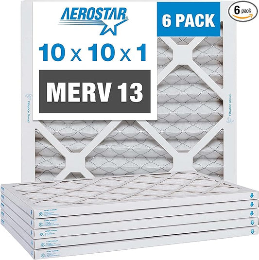 Aerostar 10x10x1 MERV 13-6 Count - Pleated Furnace & Air Conditioner Filters - Removes Bacteria, Dust, Cold & Flu Germs, Lint, Mold, Pet Dander, Allergy-Causing Pollen, Smog, Smoke & Viruses