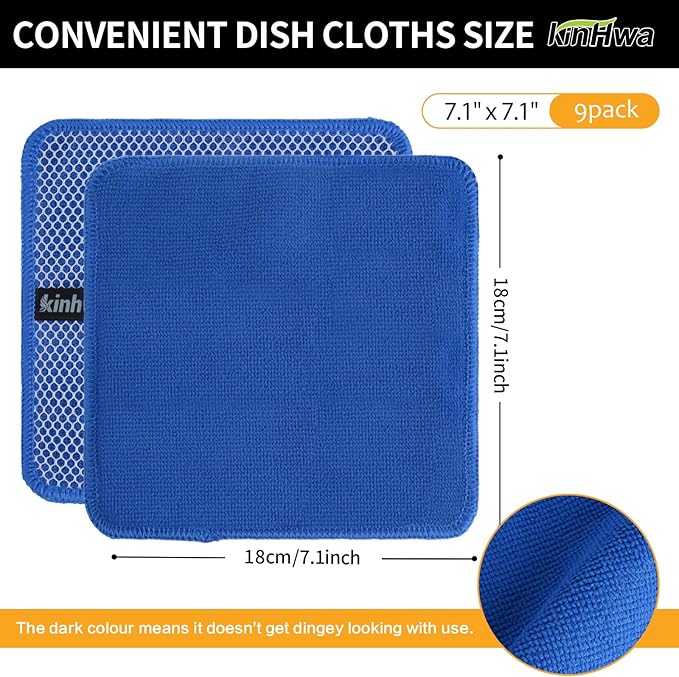 KinHwa Kitchen Washcloths for Dishes Absorbent Microfiber Dish Cloths Quick Dry Dish Rags with Poly Scour Scrub Side Ideal for Kitchen Cleaning (Mixing Colors #2, 7inchx7inch 9 Pack)