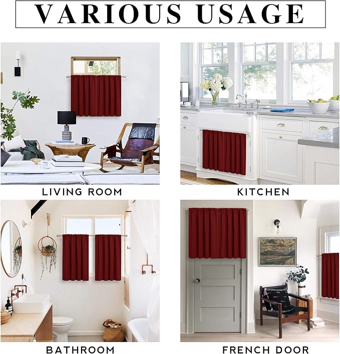 RYB HOME RV Curtains for Camper Windows - Soft Thermal Insulated Small Window Curtain Tiers for Cafe Kitchen Bedroom Basement Glass Door Window, W 42 x L 30 inches, Burgundy Red, 2 Panels