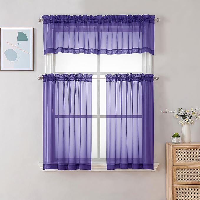 Chyhomenyc Sheer Curtains 36 inch Length 2 Panels, Light Filtering Voile Rod Pocket Short Window Sheer Curtians for Bathroom Living Room, 2PCS, Purple