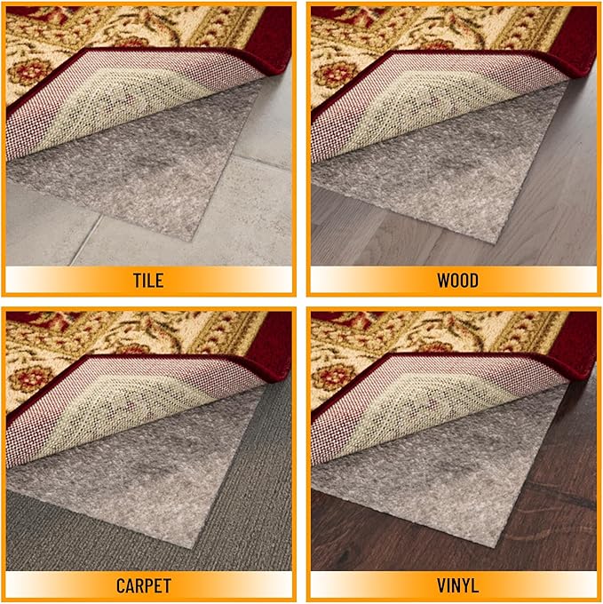Ottomanson 8' x 12' Non-Slip Rug Pad Gripper 1/4 Inch Thick Dual Surface Felt + Rubber Gripper - Safe for All Floors, Brown