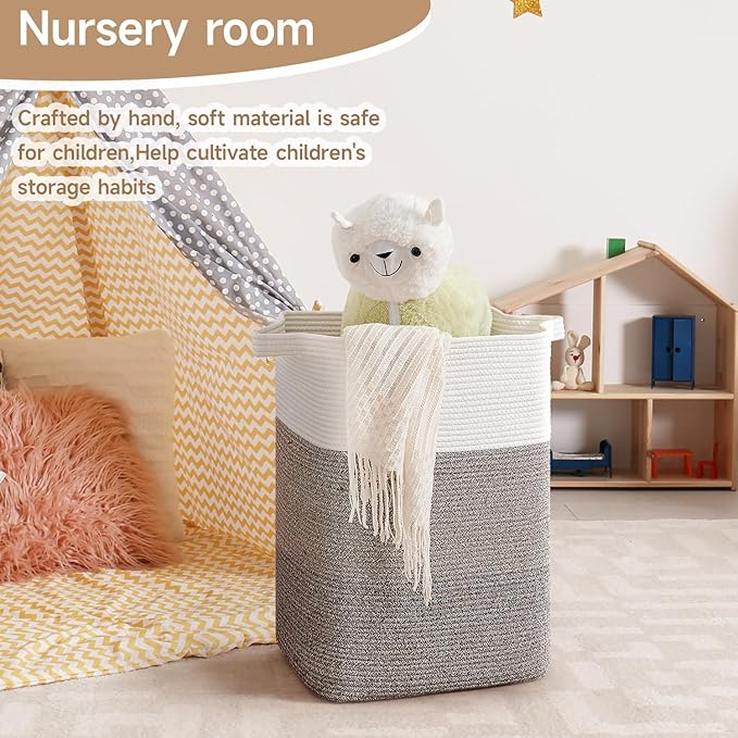 CLHMILY&Z 75L Laundry Hamper Rectangular Cotton Rope Basket - 16x13x22 Inches - Durable and Soft Storage Bin for Clothes, Toys, and Nursery Essentials, Brown & White