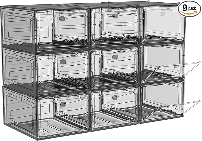 9 Pack Shoe Organizer, Upgrade Harder Solid Plastic Shoe Storage, Shoe Boxes Clear Plastic Stackable, Sneaker Storage, Shoe Organizer for Closet, Shoe Display Case, Black