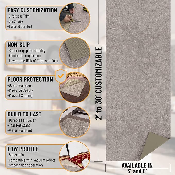 Ottomanson 5' x 8' Non-Slip Rug Pad Gripper 1/4 Inch Thick Dual Surface Felt + Rubber Gripper - Safe for All Floors, Brown