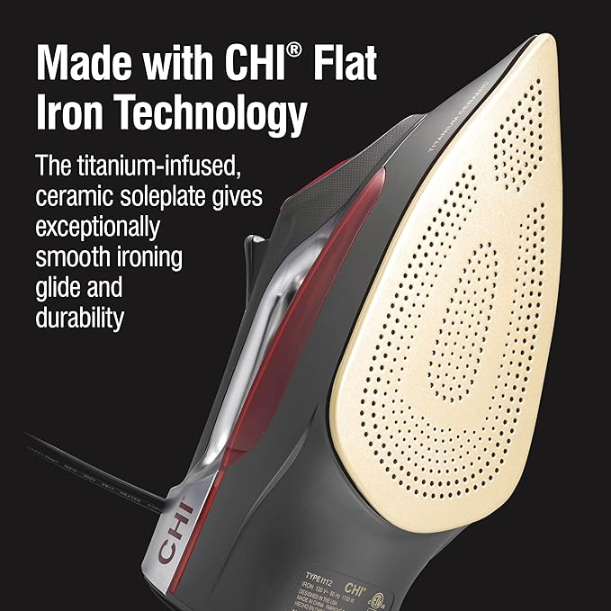 CHI Steam Iron for Clothes with 8’ Retractable Cord, 1700 Watts, 3-Way Auto Shutoff, 400+ Holes, Professional Grade, Temperature Control Dial, Titanium Infused Ceramic Soleplate, Silver (13106)