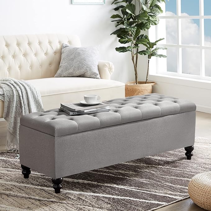 Storage Ottoman 50.2 Inches Upholstered Fabric Bench，Button Tufted for Living Room，Bedroom End of Bed Bench Withstands 303lbs (Grey)