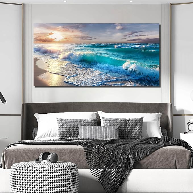GUGIKA Ocean Wall Art for Living Room, Blue Wave and Large Coastal Beach Canvas Wall-Decor for Bedroom, Gold Sun Scenery Pictures for Hallway Office, Size 59 x 29 Inches