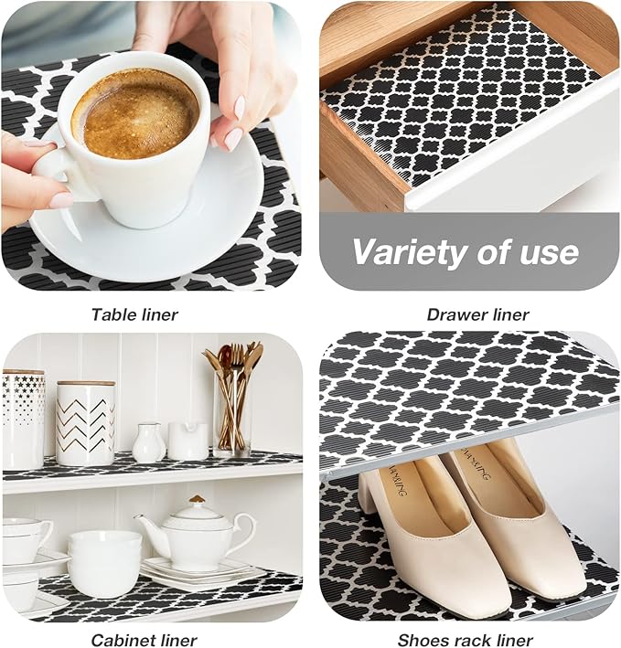 Glotoch Shelf Liners for Kitchen Cabinets 12” x 20 ft, Non Slip Drawer Liner, Waterproof Cabinet Liner for Wire/Pantry/Closet/Dresser-Non Adhesive, Heavy Duty, Quatrefoil, Black&White