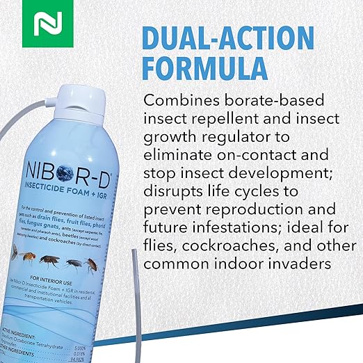 Nibor-D Insecticide Foam with IGR, Ready-to-Use for Fly and Cockroach Control, 360 Degree Application, Includes 17" Hose (1 Pack, 21 oz Can)
