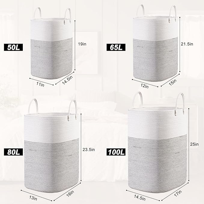 Woven Laundry Basket for Clothes, 65L Large Rectangle Laundry Hampers, Nursery Storage Basket for Toys, Tall Dirty Clothes Hamper for Bedroom Aesthetic, Bathroom, Laundry Room