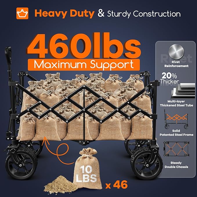 220L Collapsible Wagon Cart Foldable, 460lbs Load Capacity Heavy Duty Folding Beach Wagons with Big All-Terrain Wheels, Utility Carts for Groceries, Shopping, Camping, Sports - Grey&Black