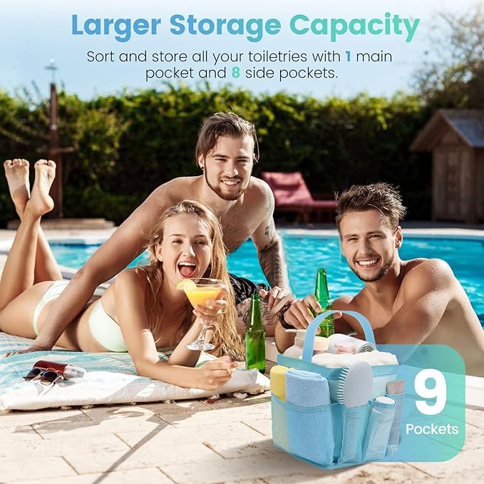 Shower Caddy Portable for College Dorm Room Essentials for Girls with 9 Pockets,Large-Capacity Shower Basket,Quick Dry Toiletry Tote Bag for Women,Outdoor Gym,Travel,Swim,Beach Camping Essentials-Blue