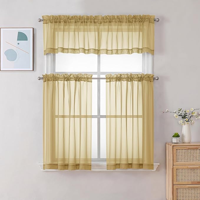 Chyhomenyc Gold Sheer Curtains 36 inch Length 2 Panels Set, Light Filtering Voile Rod Pocket Short Window Curtians for Bathroom Living Room Farmhouse Small Windows, Each 42Wx36L in, 2PCS, Gold