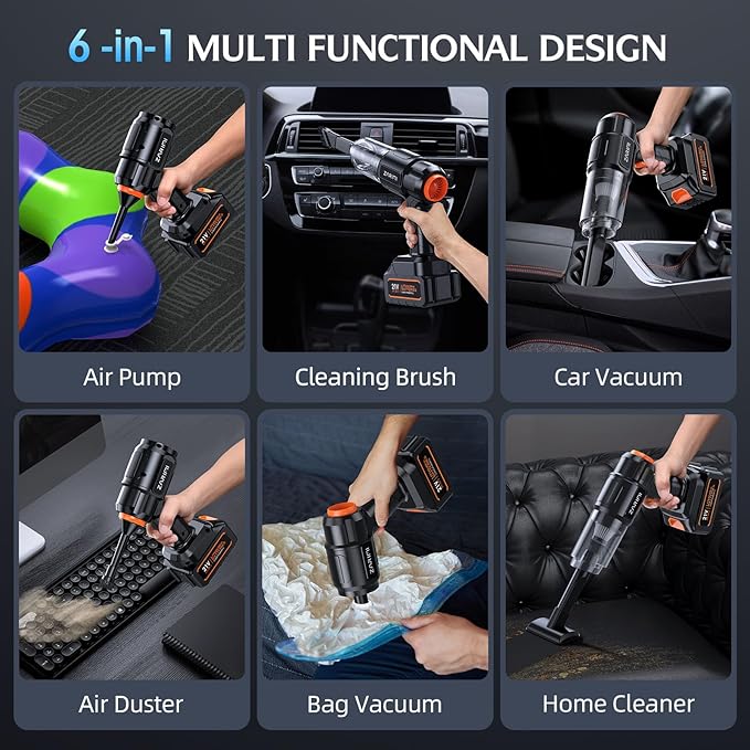 Car Vacuum Portable Cordless, 40000Pa High Power Dust Buster, 6-in-1 Handheld Vacuum Cleaners for Home, Car, Pet Hair, Keyboard, Black