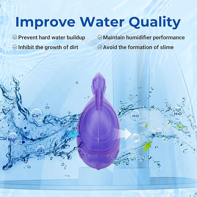 Funmit 12 Pack Universal Humidifier Cleaner Fish Compatible with Almost All Humidifiers and Fish Tanks, Equipped with Silver Ion Filter Balls, Prevents Hard Water Build-Up, Reduces Scale, Purple