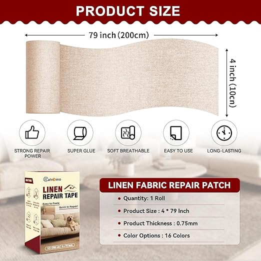 Linen Repair Tape 4x79 inch, Self Adhesive Fabric Patches, Linen Patch Tape Kit, Fabric Repair Tape for Couch Sofas, Headboards, Chairs, Pillows, Curtains, Couches - Dark Beige