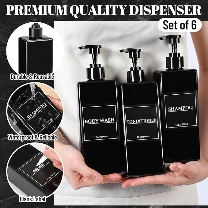 Tanlade 6 Pcs Shampoo and Conditioner Dispenser Bottles 16oz Modern Shower Soap Bottles with Pump, Labels and Marker Pen Easy to Refill Body Wash Dispensers for Home Bathroom Decoration (Black)